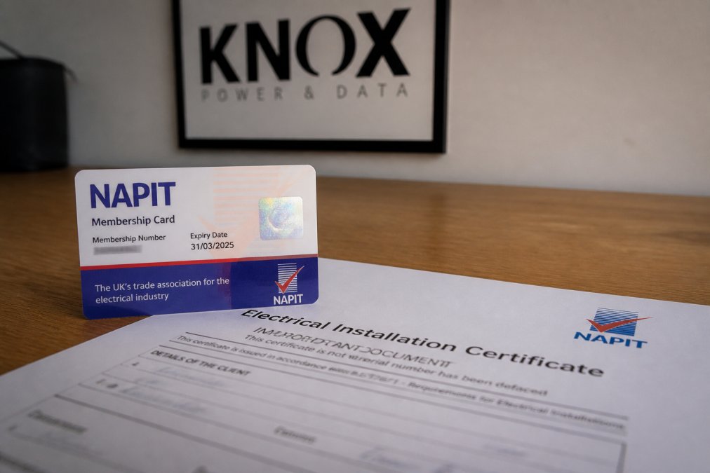 Close-up of a NAPIT membership card showing security features, membership number, and expiry date, alongside an Electrical Installation Certificate with the NAPIT logo visible, on a wooden desk