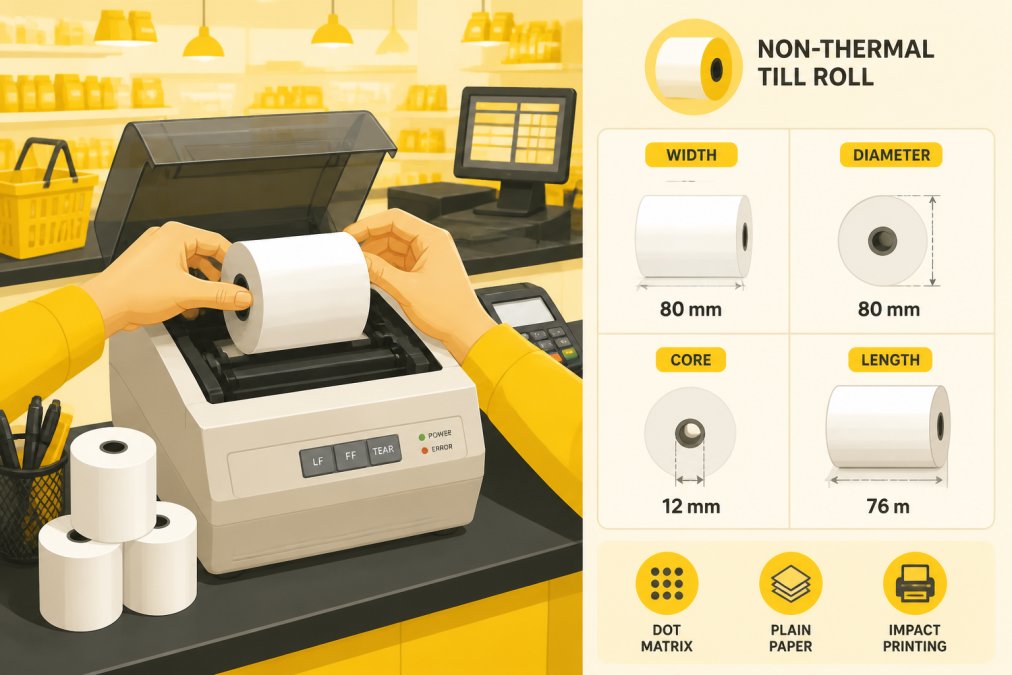 Close-up of hands loading a plain paper till roll into a dot matrix printer on a busy retail checkout counter, warm overhead lighting