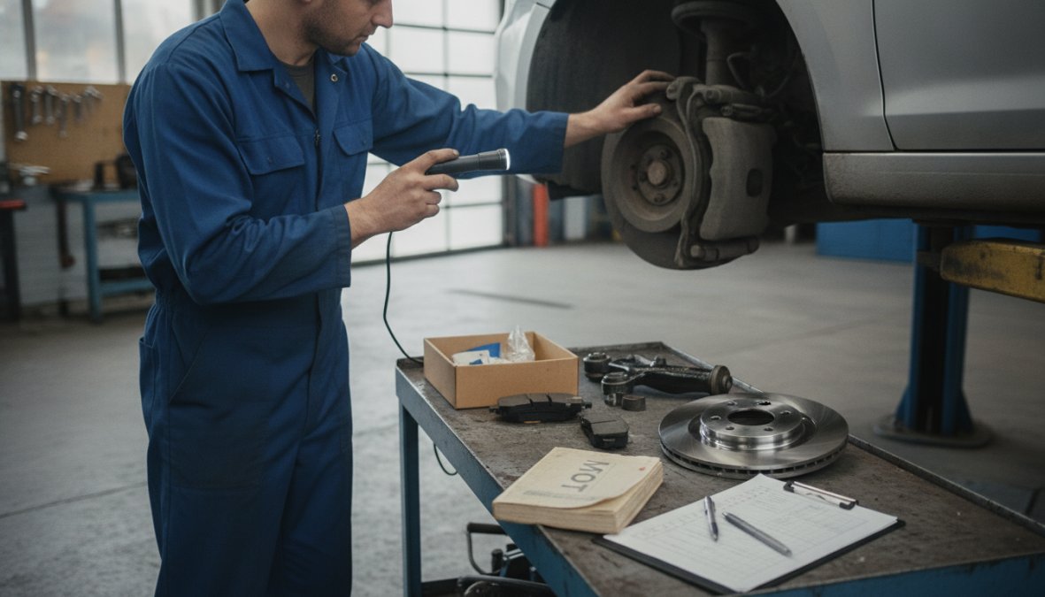 Mechanic inspecting vehicle brakes and brake pads during an MOT test in a garage workshop with diagnostic equipment visible