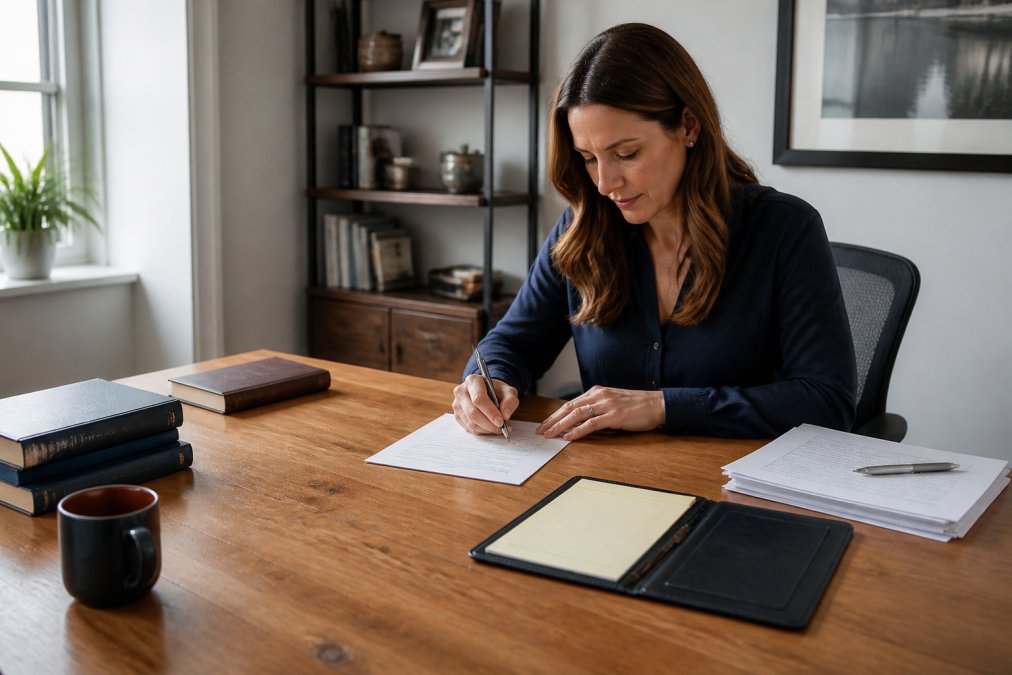 Person sitting at a desk with legal documents, pen, and notepad, preparing paperwork in a calm, professional home office setting