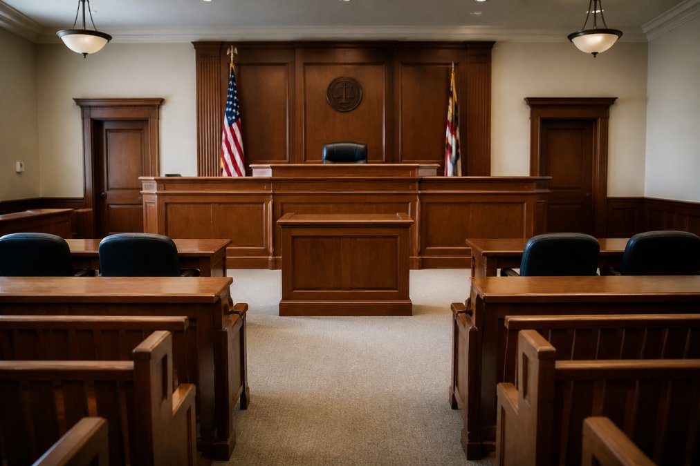Interior of a courtroom with empty judge's bench and seating area, showing the formal legal environment where hearings take place