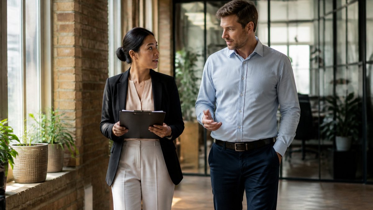 Small business owner and HR professional reviewing employee benefits documents together at a desk with laptop and paperwork visible in modern office setting with natural light