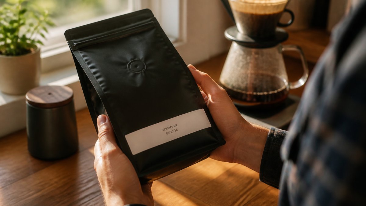 Close-up of hands holding a freshly roasted coffee bag with visible roast date label, warm morning light streaming through a window, coffee brewing in the background