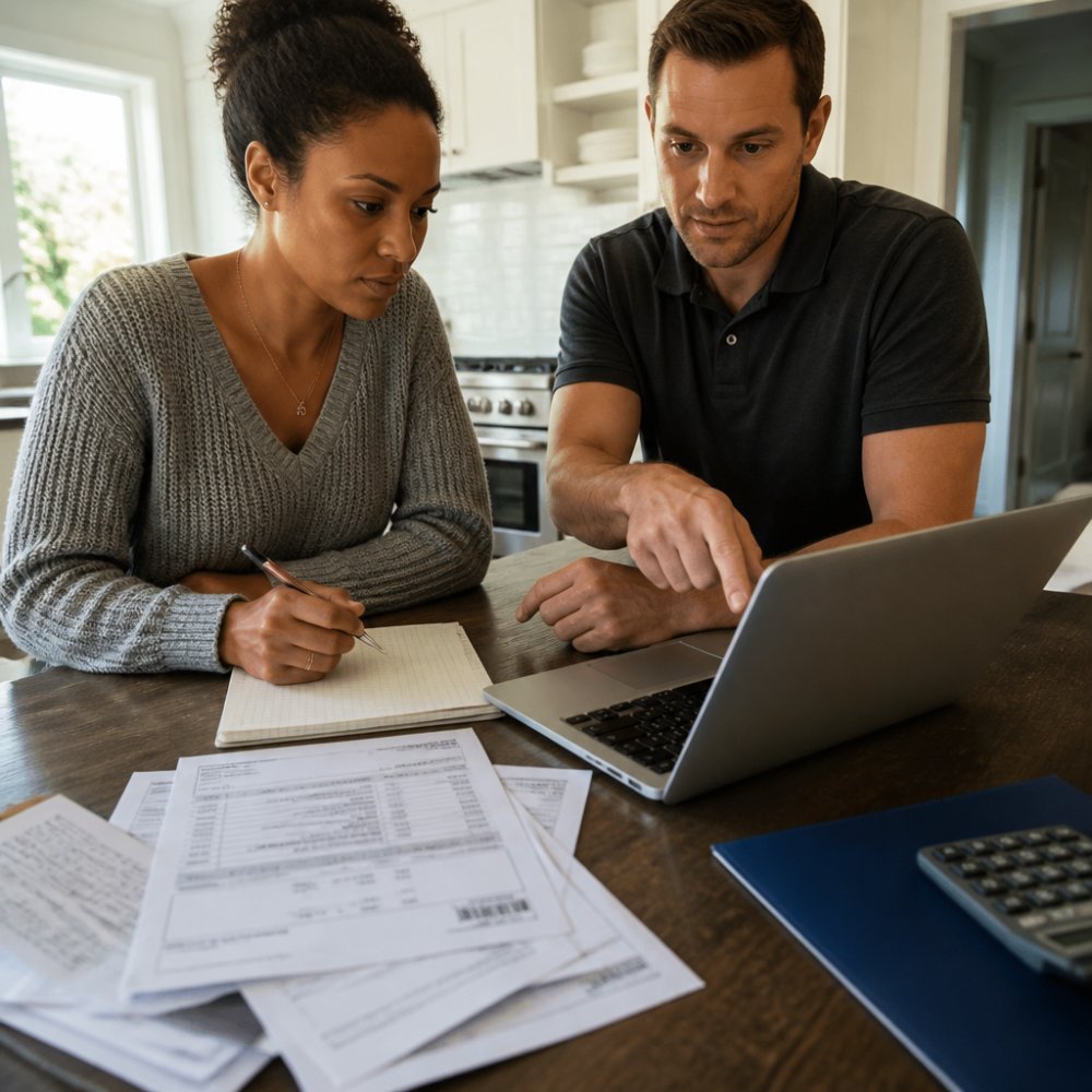A first-time homebuyer sitting at a kitchen table with a laptop, bank statements, pay stubs, and a notepad, reviewing mortgage paperwork while a real estate agent points at the screen