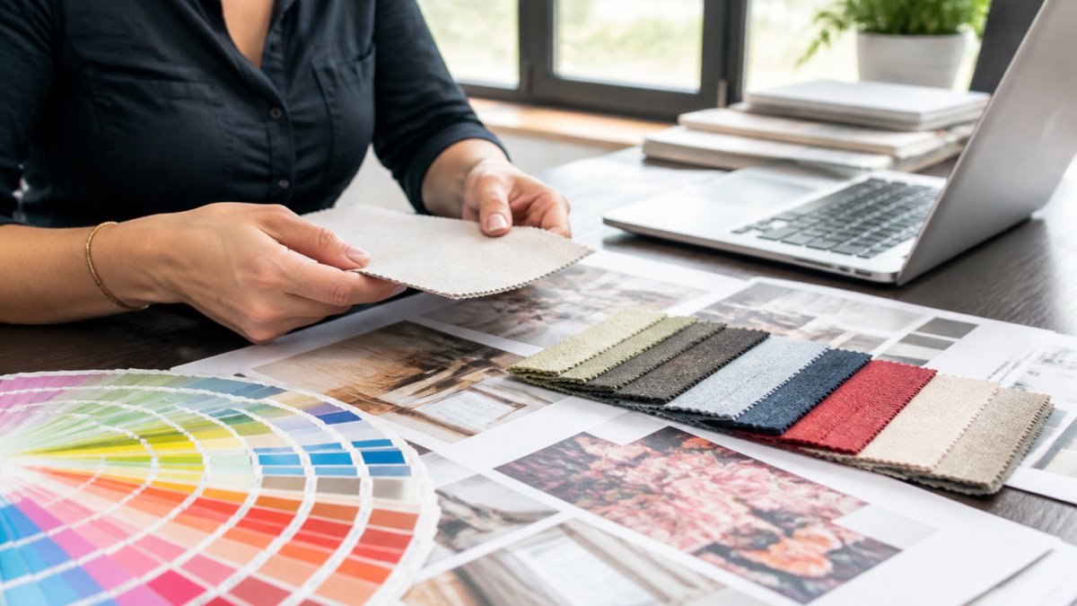 Procurement specialist reviewing print samples and fabric swatches at desk with design files on laptop and paper samples organized by color and material