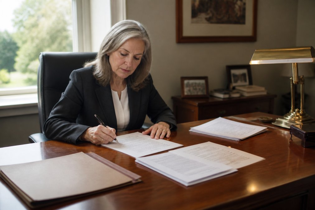 Personal representative reviewing documents to sign a probate real estate listing agreement at a wooden desk