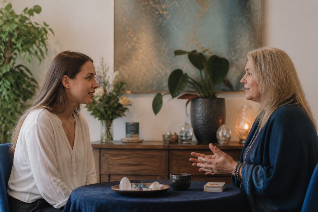 What Is a Psychic Reading and What Does It Involve 1 Woman sitting comfortably in a calm, welcoming space with soft natural light, having a focused conversation with a psychic reader across a table, both leaning slightly forward in attentive posture