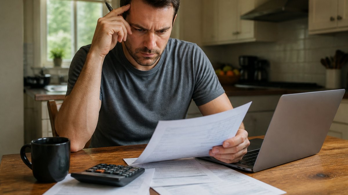 A person reviewing a car loan contract at a kitchen table with a calculator, laptop showing a spreadsheet, and a coffee mug, looking focused and slightly stressed