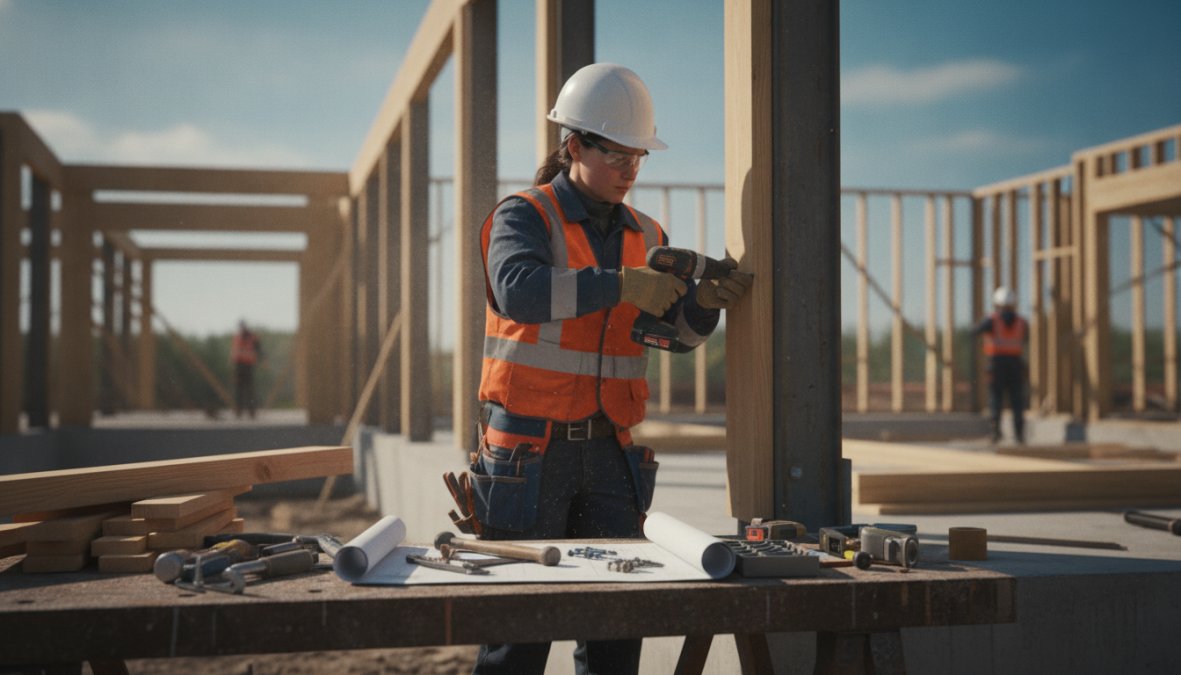 Skilled tradesperson in safety gear and hard hat working on a construction site, hands-on demonstration of technical skills with proper safety equipment