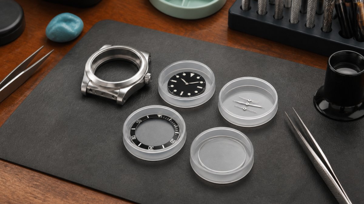 A watchmaker's workbench with a disassembled Seiko mod watch laid out on a mat, showing a bare case, a dial, a set of watch hands, a bezel insert, and a sapphire crystal arranged in separate small trays beside tweezers and a loupe