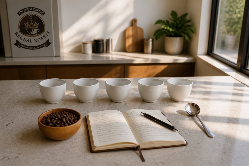 Five white cups, a silver spoon, coffee beans, and a tasting notebook on a sunlit kitchen counter