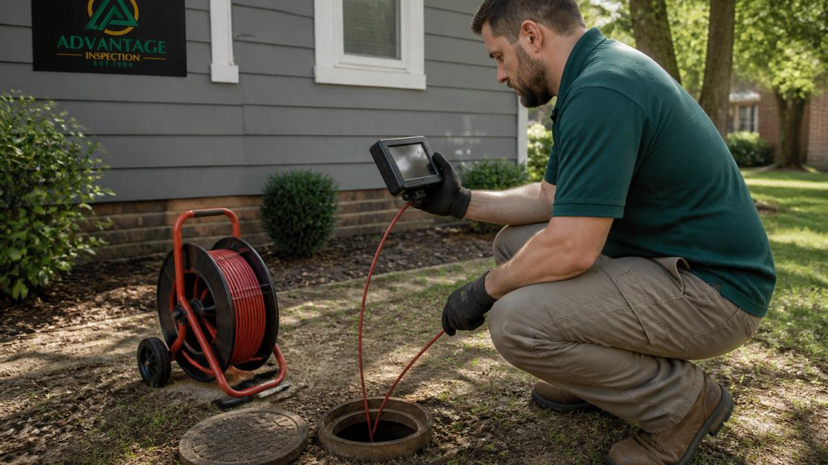 A home inspector in work clothes kneeling beside an open sewer cleanout in a residential yard, feeding a push cable with a camera head into the pipe while holding a monitor