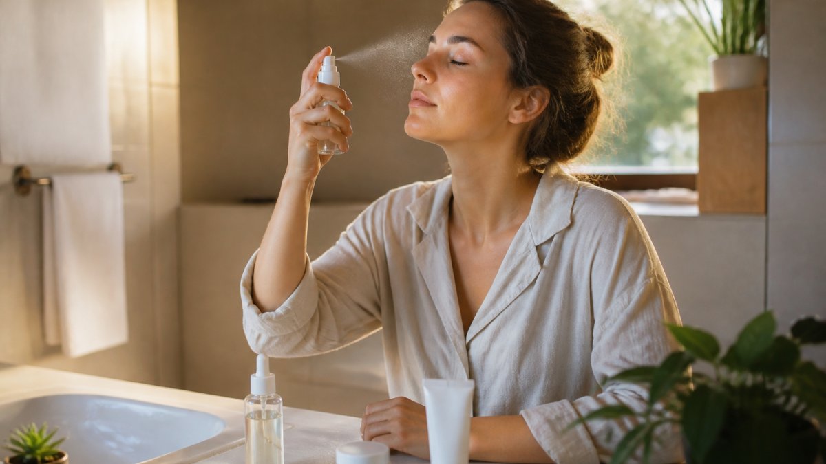A woman with sensitive skin gently applying a facial mist in a bright, minimalist bathroom setting.