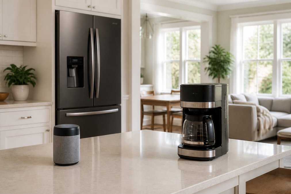 A modern kitchen countertop with a wi-fi enabled smart refrigerator, a voice-activated smart speaker, and a connected coffee maker arranged in a clean, well-lit open-plan home kitchen with white cabinetry and warm afternoon light