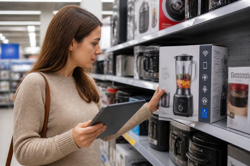 A person holding a tablet and comparing smart kitchen appliances on a store shelf in a bright retail space, examining product packaging that shows connectivity icons, app compatibility labels, and ENERGY STAR ratings under overhead fluorescent lighting