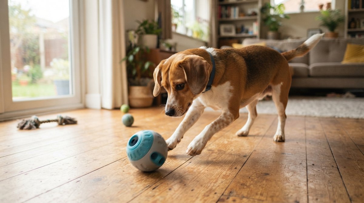 Dog actively playing with an interactive rolling toy indoors, focused and engaged with the toy's movement, natural daylight from windows