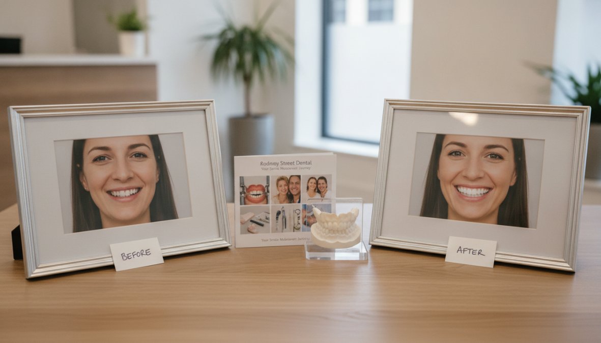 Close-up of patient smiling confidently, showcasing bright, well-aligned teeth with natural-looking results from cosmetic dental work, professional lighting highlighting tooth color and symmetry