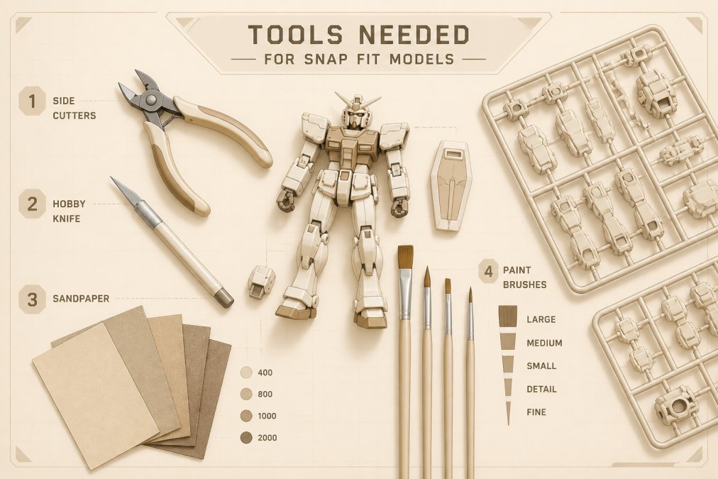 Overhead flat lay of hobby tools arranged on a workbench with side cutters, hobby knife, fine-grit sandpaper sheets, paint brushes in various sizes, and a partially assembled snap-fit model kit showing visible plastic sprues and molded parts