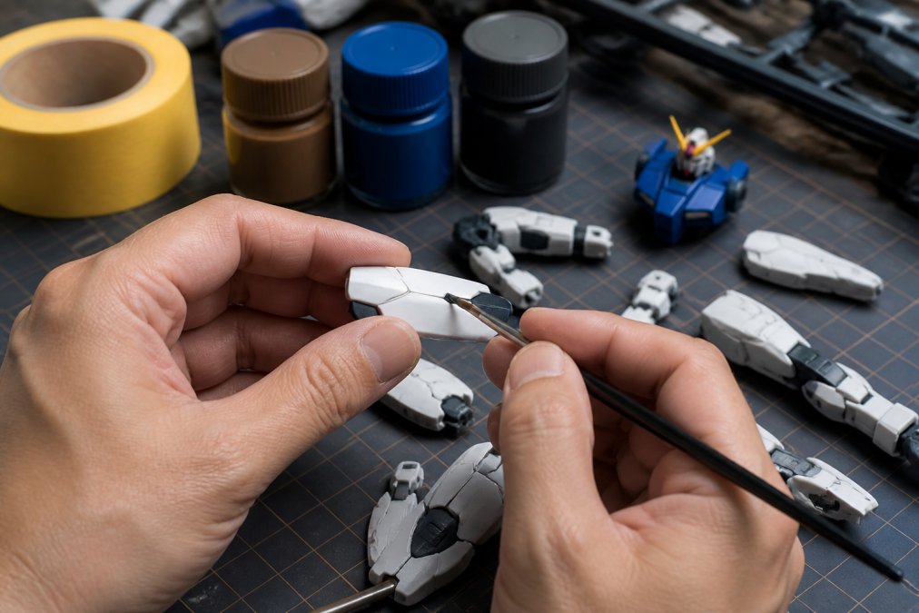 Close-up of hands holding a fine-tipped brush applying paint to a disassembled snap-fit model part with precision, with paint bottles, masking tape, and other parts visible on the work surface below