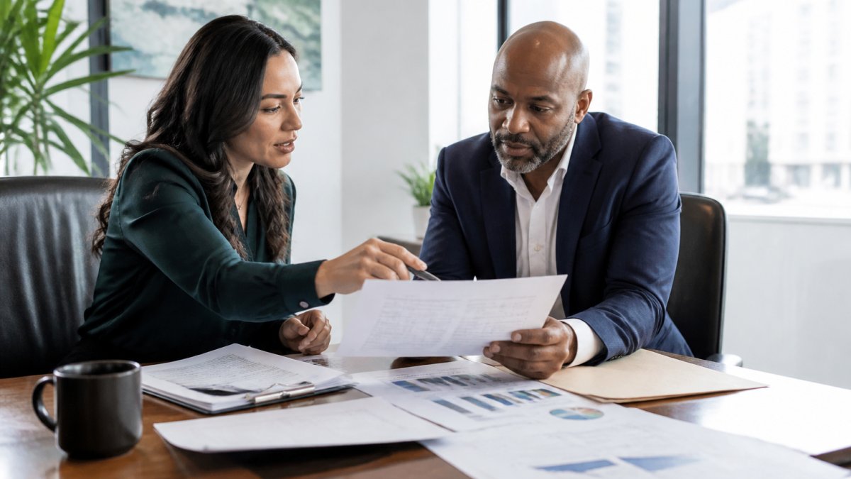 A business owner and a tax advisor reviewing entity structure documents and financial charts at a conference table in a bright modern office