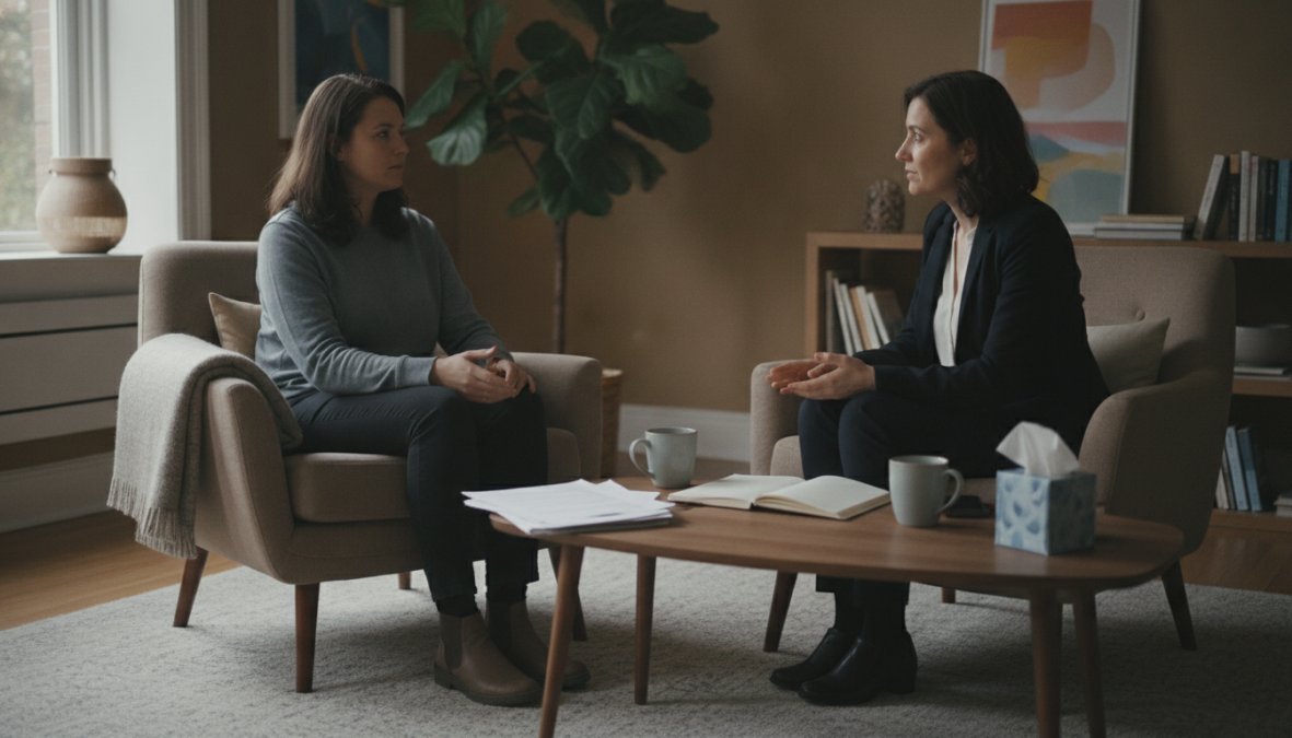 Licensed addiction counselor conducting a clinical interview with a client in a professional, confidential office setting with comfortable seating and neutral décor