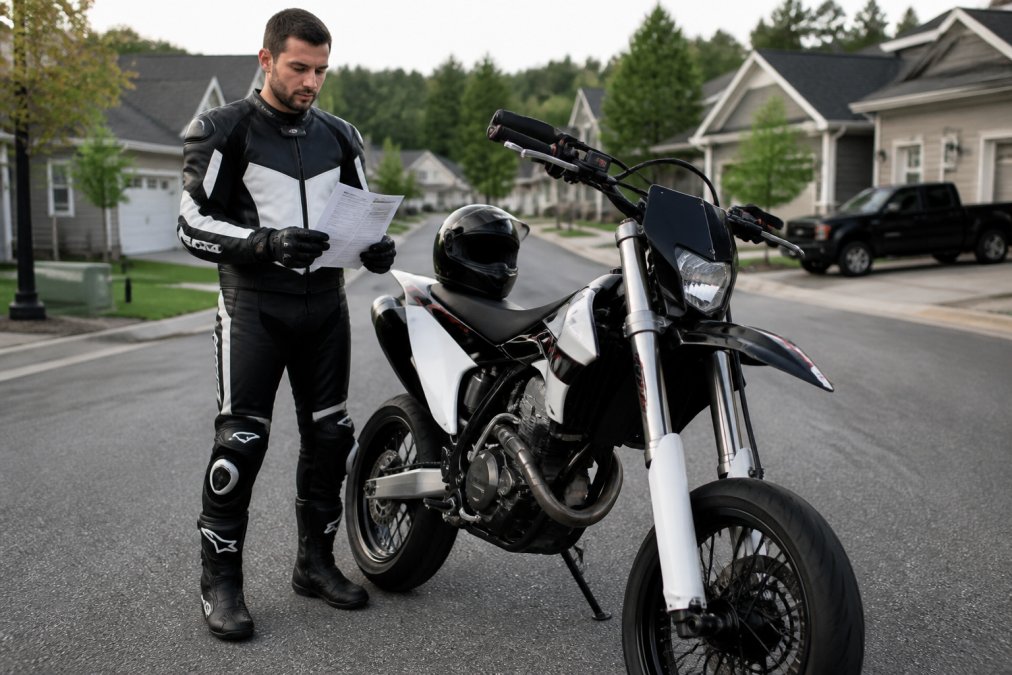 Rider in protective gear holding registration papers next to a street-legal supermoto conversion on a paved road