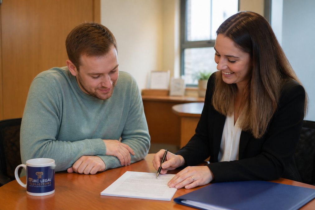 A solicitor and client sitting at a desk reviewing property documents together, with a pen and contract visible on the table, warm office lighting in the background