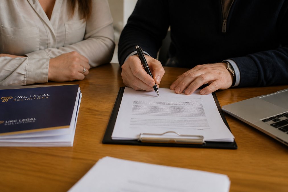 Close-up of hands signing a legal document with a pen, with additional paperwork and a laptop visible in the background on a wooden desk
