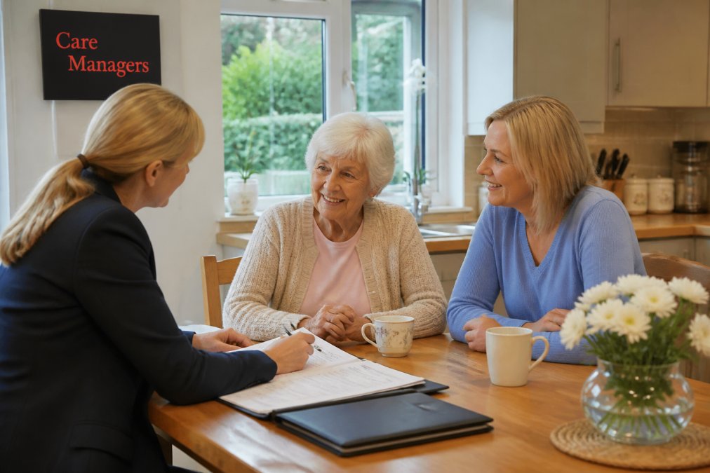 Flowchart detailing the steps of a home care assessment during a family consultation in a comfortable home setting.