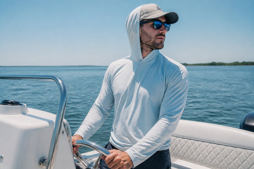 Person wearing a lightweight sun hoodie with a UPF 50 rating while boating on a sunny day