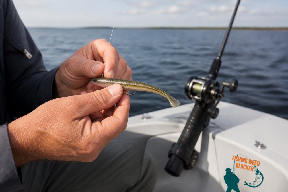Angler holding a soft plastic lure rigged for weedless trolling on a boat deck with a rod in the background