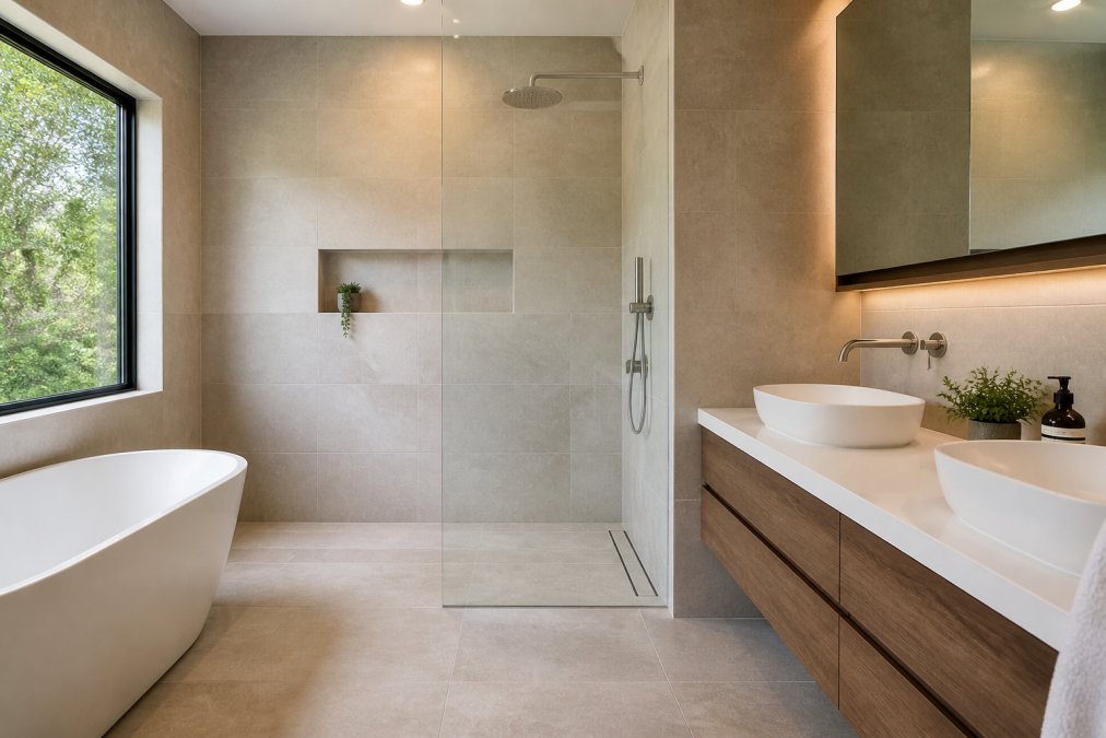 Modern open-concept wet room bathroom featuring a curbless walk-in shower and rainfall showerhead.