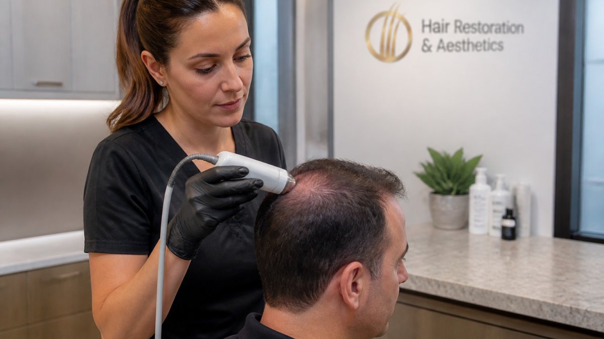 Clinician using an acoustic sound wave therapy device on a patient scalp during a hair restoration session