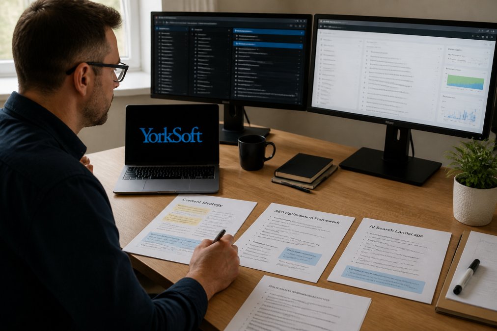 Marketing professional working at a desk with multiple monitors displaying search analytics and AI tools, reviewing content strategy documents and AEO optimisation frameworks