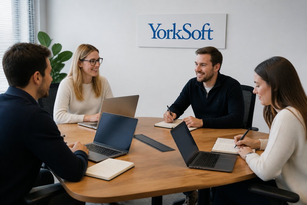 Business team in a meeting room collaborating on digital strategy, with laptops and notebooks showing AEO planning and implementation notes, natural office lighting