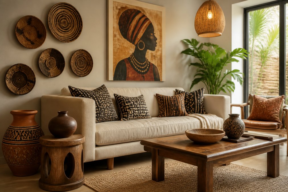 A warmly lit living room styled with Afrocentric decor: a woven basket wall display, mudcloth-patterned throw pillows on a neutral sofa, a carved wooden stool, terracotta pottery, and a large piece of framed African-inspired art above the sofa
