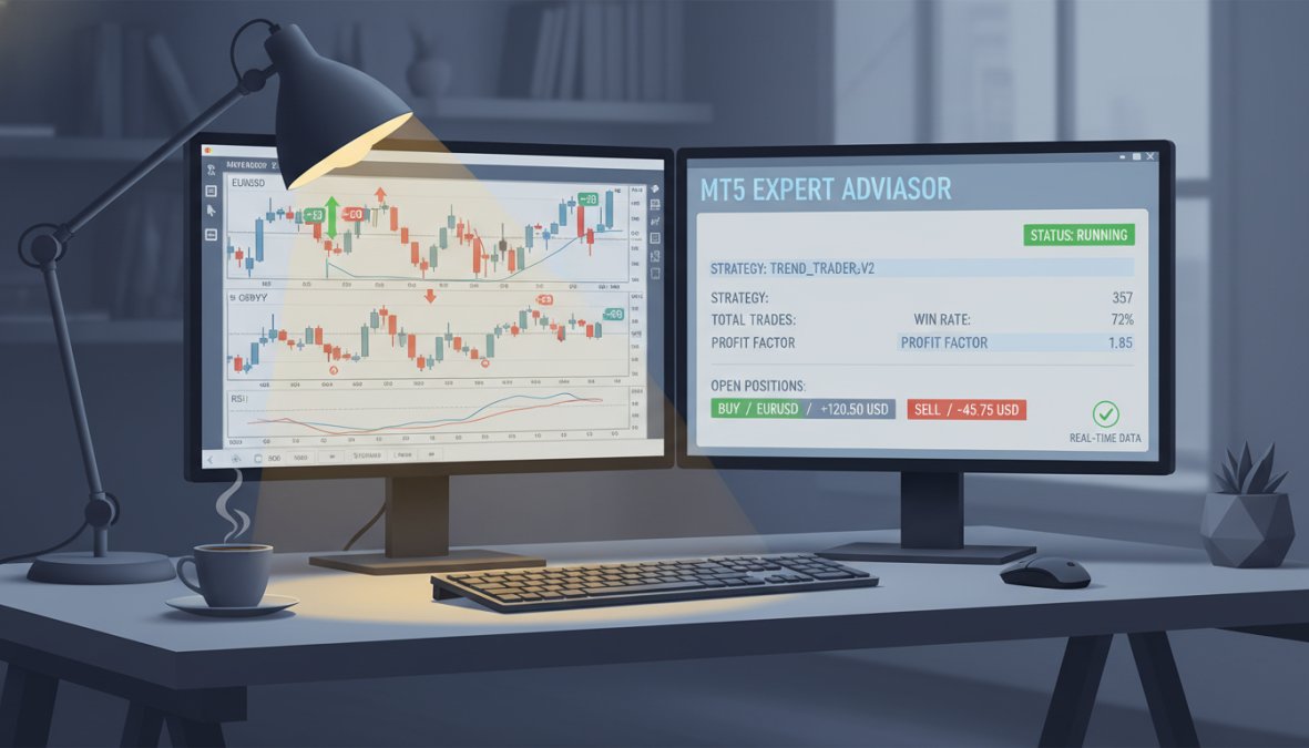 Close-up of a trader's dual-monitor desk setup showing the MetaTrader 5 platform with live charts and an active Expert Advisor panel running, with green and red position indicators visible on screen, in a dimly lit home office with a single desk lamp casting warm light