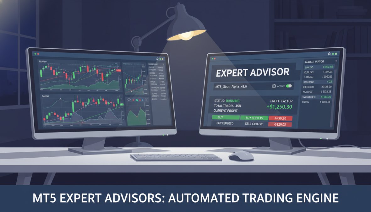 A professional trader reviewing trade performance data on a laptop, with a notepad showing handwritten risk parameters including max lot size and daily drawdown limits beside a cup of coffee on a clean wooden desk in a well-lit home office