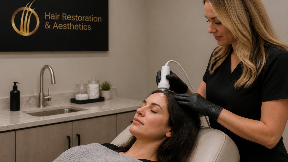 A patient reclining comfortably in a modern treatment room while a technician uses a handheld ultrasound device on the scalp, with a calm clinical setting and soft lighting