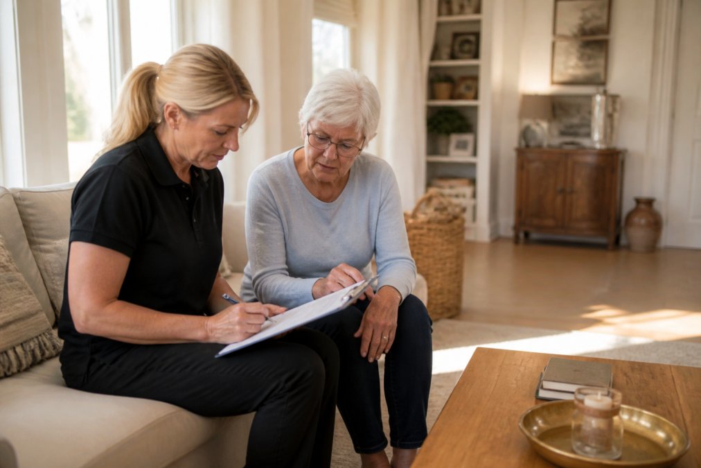 Estate liquidation company professional reviewing a household inventory list with a family member in a home