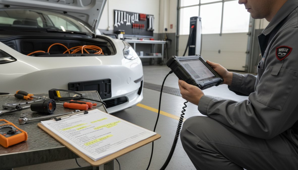 Professional illustration showing OBD, Tesla for what is an EV pre purchase inspection