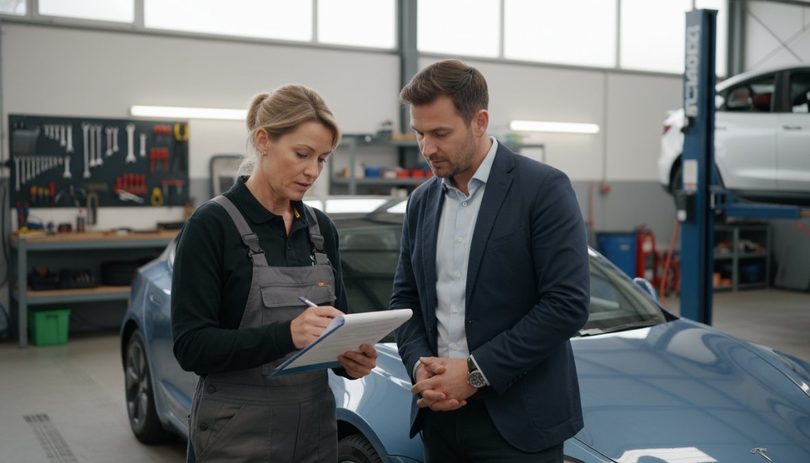 Professional illustration showing customer and ev and specialist concepts for what is an EV pre purchase inspection