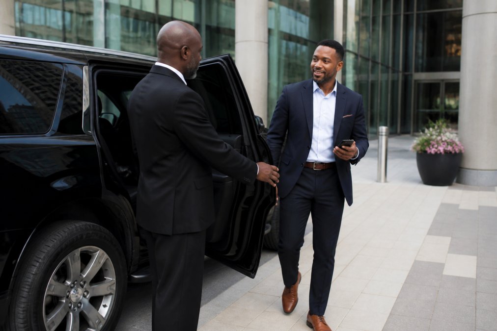 A professional chauffeur in a dark suit opening the rear door of a black luxury SUV for a business traveler outside a modern Charlotte office building, with a smartphone visible in the traveler's hand