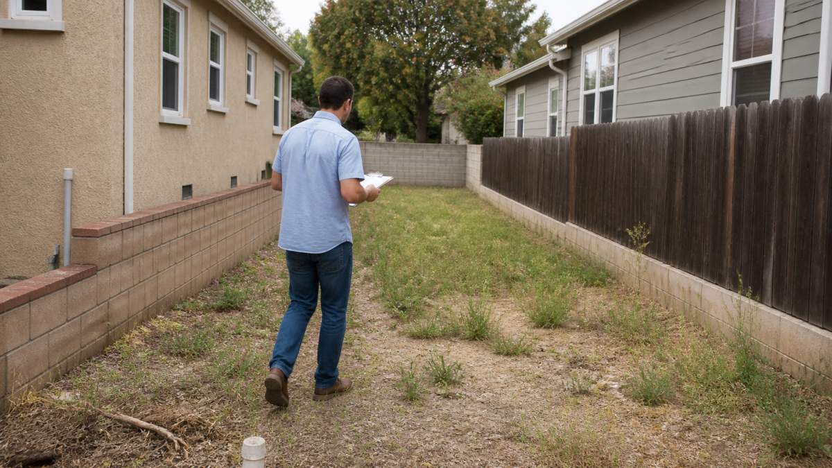 A person in casual work clothes walking a narrow vacant residential lot between two existing houses, holding a clipboard and looking at property boundaries