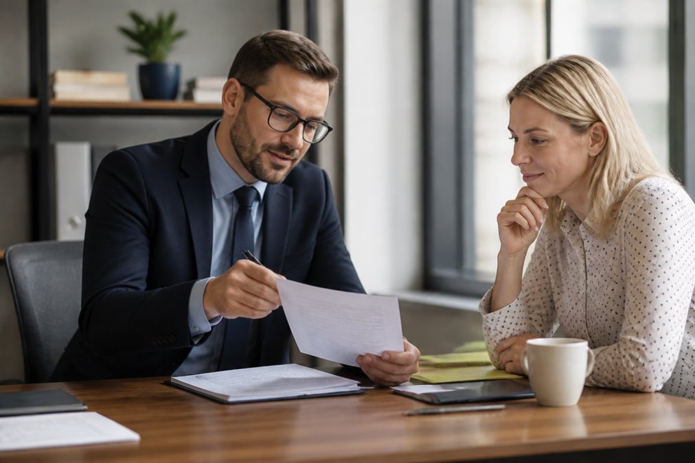 Insurance agent and client reviewing documents for an insurance rider life policy at an office desk
