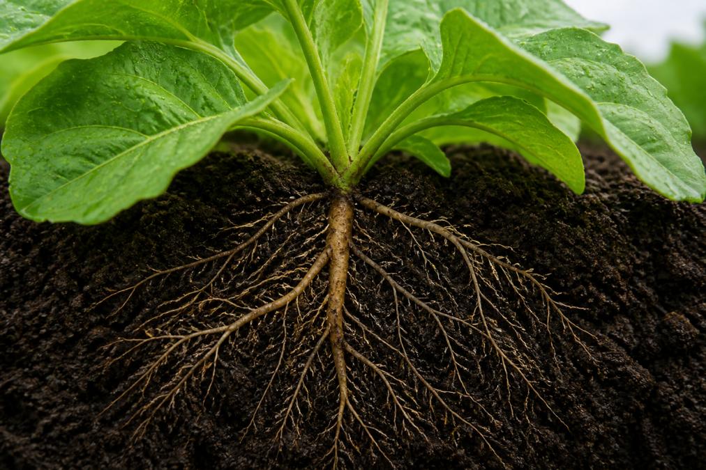 Close-up of healthy green plant leaves with visible root system in rich dark soil, showing vibrant foliage and developed root structure with water droplets