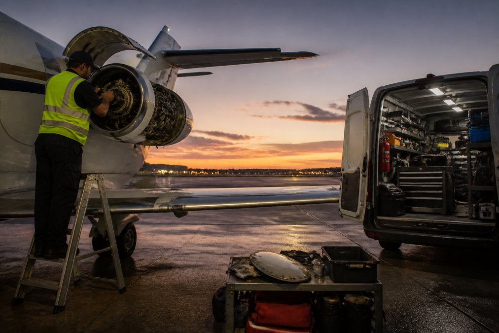 Aviation technician performing AOG maintenance on a private jet engine at a Florida airport during dusk