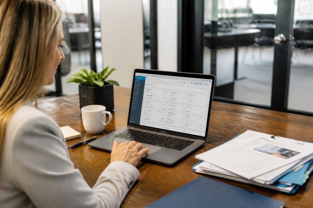 Property manager sitting at a desk reviewing a laptop screen showing a rental dashboard, in a modern, well-lit office with property documents nearby