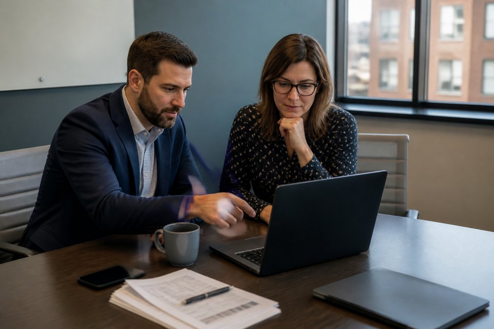 Two professionals collaborating over financial reports and a laptop in a conference room, with spreadsheets and a whiteboard visible in the background