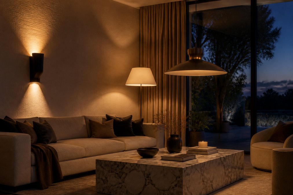 A warmly lit luxury living room at dusk showing layered lighting: a sculptural wall sconce casting light upward on a textured wall, a floor lamp beside a linen sofa, and a pendant above a marble coffee table, with soft pools of light creating depth and shadow